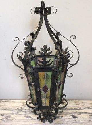 FRENCH ANTIQUE GOTHIC IRON AND STAINED GLASS HALL / PORCH LANTERN 2