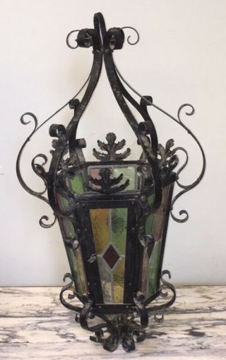 FRENCH ANTIQUE GOTHIC IRON AND STAINED GLASS HALL / PORCH LANTERN 3