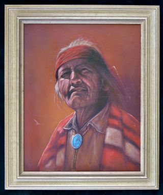Vtg Native American Portrait Oil On Canvas Apache Chief Signed Tunstall Indian