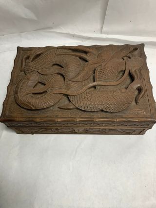 Old Antique Chinese Carved Hard Wood Dragon Trinket Box Wooden Fine Detail