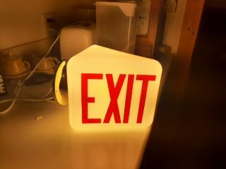 Vintage Art Deco Glass Exit Sign With Red Letters & White Glass Triangle Globe