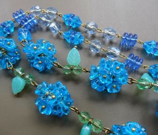 Vintage Sky Blue Green Czech Glass Leaf Flower Bead Brass Wire Necklace - R130