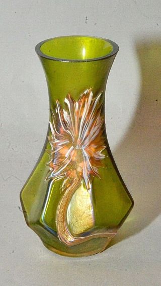 Antique Loetz Iridescent Green Art Glass Vase W/ Enameled Flower 6 - 1/2 " H.