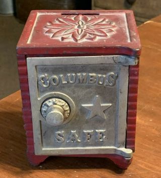 Antique Red & Silver Columbus Safe Cast Iron Still Still Bank In Paint