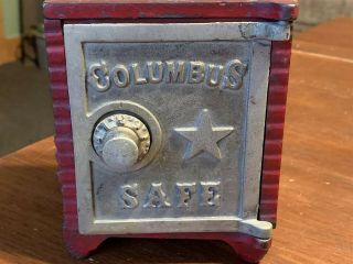 Antique Red & Silver Columbus Safe Cast Iron Still Still Bank in Paint 2
