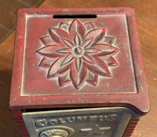 Antique Red & Silver Columbus Safe Cast Iron Still Still Bank in Paint 3