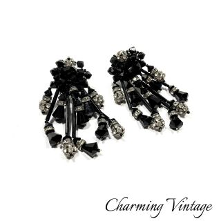 Antique Vintage Art Deco Black Faceted Crystal & Rhinestone Clip On Earrings