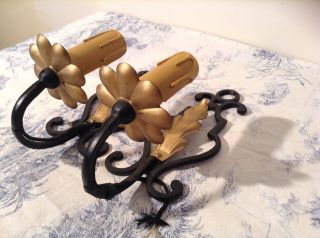 Vintage French Gold & Black Wrought Iron Wall Lights / Candle Sconces (3203)