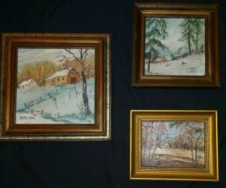 Vintage Framed Folk Art Paintings Smoky Mountain Fall & Winter Scenes