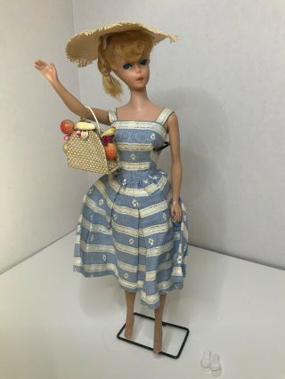 Vintage Barbie Ponytail 5 Doll 850 1961 In Suburban Shopper Dress Hat Bag