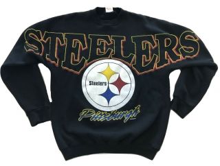 Vtg 90s Cliff Engle Pittsburgh Steelers Sweatshirt All Over Print Black Xl Or L