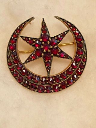 Antique Bohemian Victorian Red Garnet 6 Pointed Star In Crescent Brooch 9k Czech