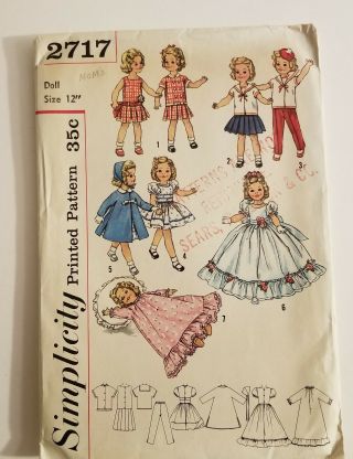 Simplicity 2717 - Vintage Doll Clothes Pattern For 12 " Shirley Temple Doll