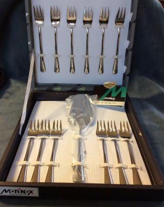 Vintage Morinox Italy Stainless Steel 12 Dessert Forks & Serving Knife Set W Box