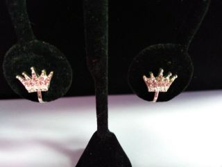 Vintage Pink Rhinestone Silver Tone 1/2 " Crown Clip On Earrings