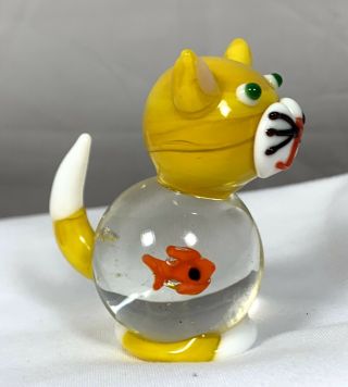 Vintage Miniature Yellow Cat With Goldfish Fish Belly Art Glass Figurine Figure