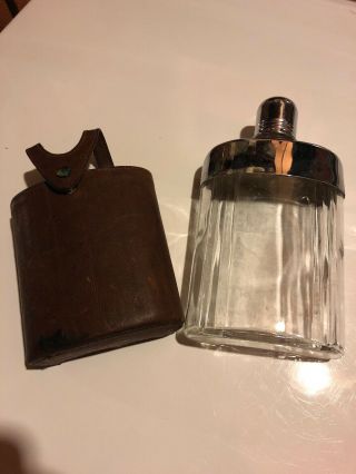 Vintage Glass Drinking Flask With Bosca Leather Case - Full Grain Hide Leather