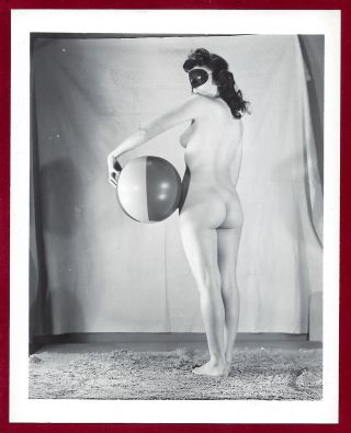 1950s Vintage Nude Photo Perky Breasts Sultry Posed Curvy Rear View Masked Pinup