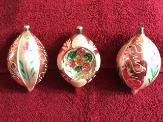 3 Vintage Oblong Glass Ornaments - Pink & White W/frosted Accents,  One W/indents