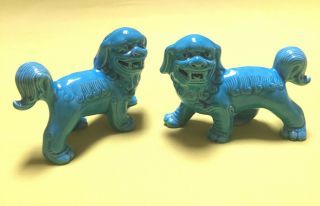 A Vintage Turquoise Blue Glazed Chinese Foo Dog Statues / Sculptures