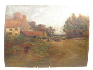 Antique 19th Century Oil Painting On Panel Rural Farm Landscape With Figures