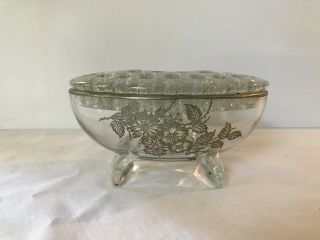 Vintage Viking Glass Flower Frog Oval Dish W/ Silver Flower Motif