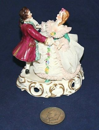 Vintage Dresden Germany Figurine Mv Porcelain Lace Couple Dancing 5.  5 " Tall