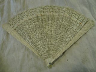 Unusual Antique Fret Carved Hand Fan Chinese Canton Fruit Birds Pagodas C1850