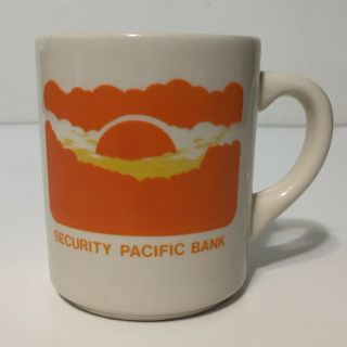 Vintage 80s Security Pacific Bank Coffee Mug Sun Sunrise Sunset Orange Yellow