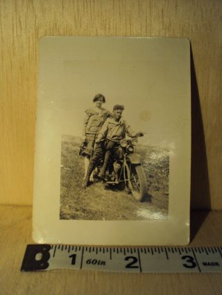 Vintage Photo Young Couple On Classic Motorcycle In Countryside