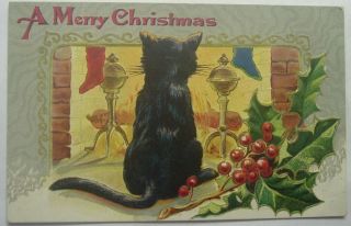 Vintage Postcard Merry Christmas Black Cat Sit Fireplace Xmas Cats Series No.  1
