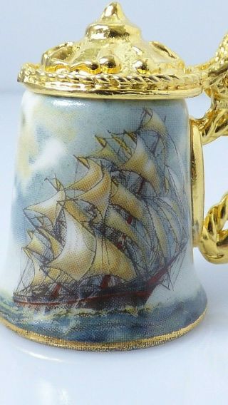 Vintage Tankard Stein Porcelain Thimble Clipper Ship Heirloom Editions Gold Lid 2