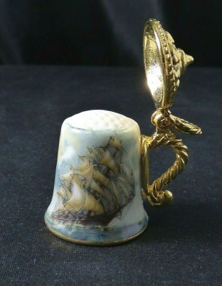 Vintage Tankard Stein Porcelain Thimble Clipper Ship Heirloom Editions Gold Lid 3