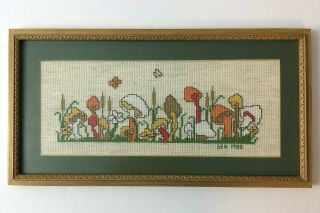 Vintage Cross Stitch Needlepoint Handmade Picture Mushrooms In Wood Frame