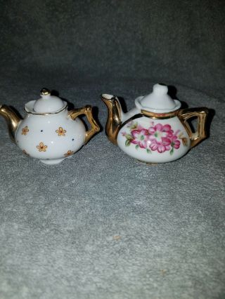 Vintage (2) Porcelain Mini Tea Pots 2 " Tall White With Gold Trim