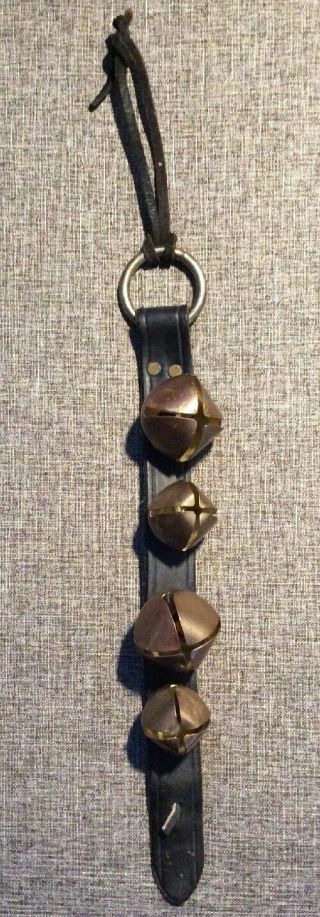 4 Vintage Brass Sleigh Bells On An Old Leather Strap