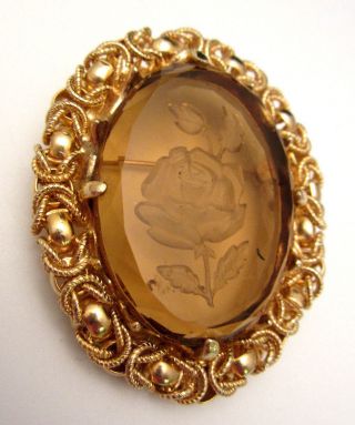 Vintage 2 - 1/4 " Goldtone Amber Reversed Carved Glass Rose Flower Brooch Pin A52
