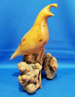 Vintage Hand Carved Wood Button Quail Bird Perched On Burl Statue Figurine