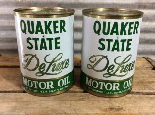 Pair Vtg 60s Full Quaker State Deluxe Motor Oil Metal 1 Quart Can Gas Station