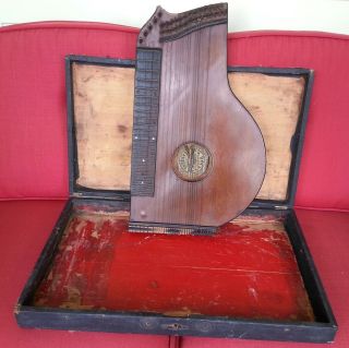 Antique 1890s Concert Guitar Zither Harp With Case - W.  Bock - Nurnberg,  Germany