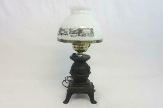 Vintage Currier And Ives Pot Belly Stove Lamp With White Milk Glass Shade