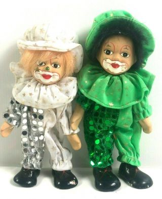 Set Of 2 Vintage Clown Dolls With Porcelain Faces And Soft Bodies