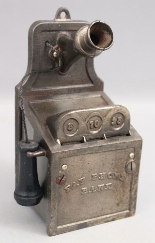Antique J & E Stevens Nickel - Plated Cast Iron Pay Phone Mechanical Bank,  Nr