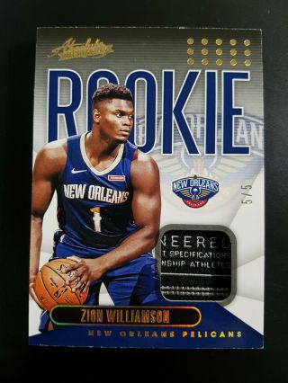 2019 - 20 Panini Absolute Rookie Zion Williamson Rc Tag Patch Sp Rare 5/5 Q4