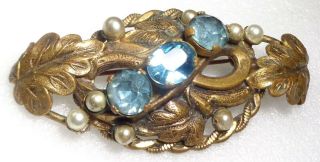 Antique Vintage Art Nouveau Brass Blue Rhinestones Openwork Leaves Brooch