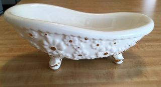 Vintage Ceramic Soap Dish Claw Bath Tub Off White Daises Gold Trim