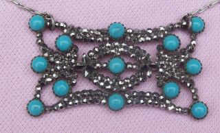 Old Vintage Antique Art Deco Cut Steel Turquoise Glass Sterling Silver Necklace