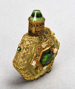 Antique Miniature Czech Green Jeweled Enameled Filigree Perfume Bottle W/ Dauber