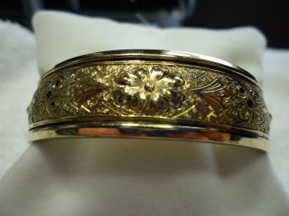 Vintage 1/20 12 K Gold Filled Etched With Black Enamel Signed Bb Bangle Bracelet