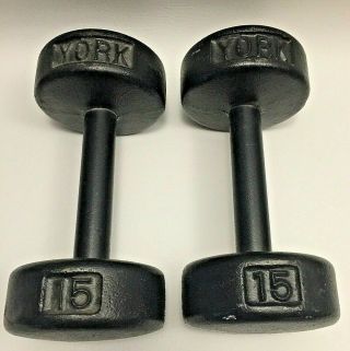 1 Vintage Antique York Roundhead 15lb Dumbbells - Stamped Usa Round Head